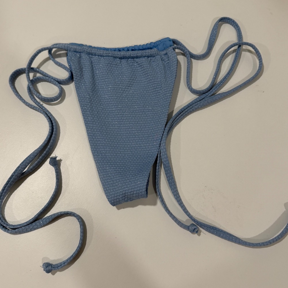 Frankies Bikinis Blue Textured Shimmer Side Tie Micro Thong Bottoms Medium